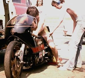 Signwriting on John Mckiernan's Skullduggery Dragster motorcycle 1975